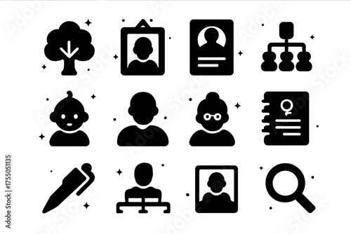 Family Tree Icons. Family Tree Creation. Solid icons set of Family Tree Creation: tree, family members, photo frame, document, genealogy chart, ancestor,