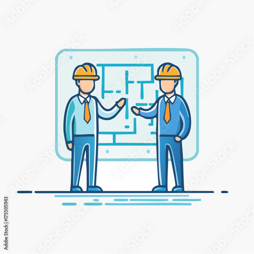 Two construction workers in hard hats discussing a blueprint plan on a digital screen.