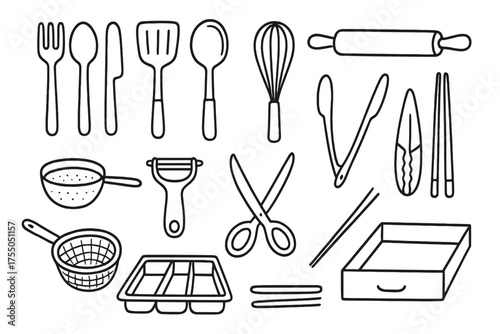 Kitchen Doodle Essentials. Kitchen essentials. Hand-drawn doodle illustration kitchen essentials fork, spoon, knife, spatula, ladle, whisk, rolling pin,