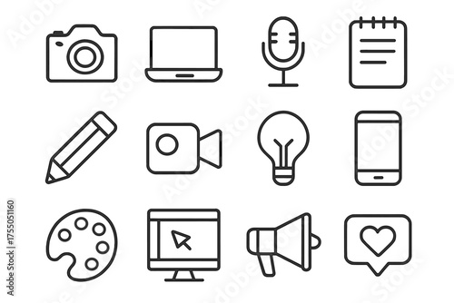 Creative Icons Set. Creative content icons. Line icon set of Creative content icons: camera, laptop, microphone, notepad, pencil, video camera, light bulb,