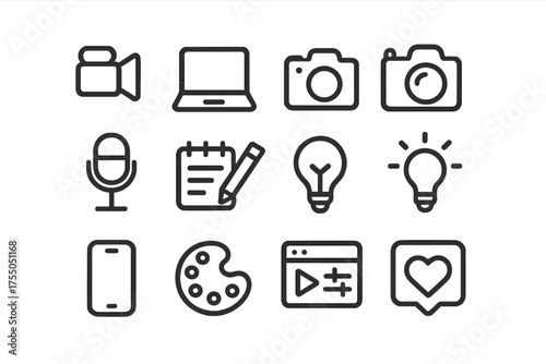 Multimedia Icon Set. Multimedia creation. Line icon set of Multimedia creation: video camera, laptop, camera, microphone, notepad, pencil, light