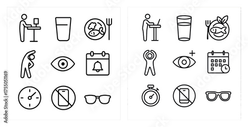 Healthy lifestyle outline icons set – wellness, fitness, nutrition symbols