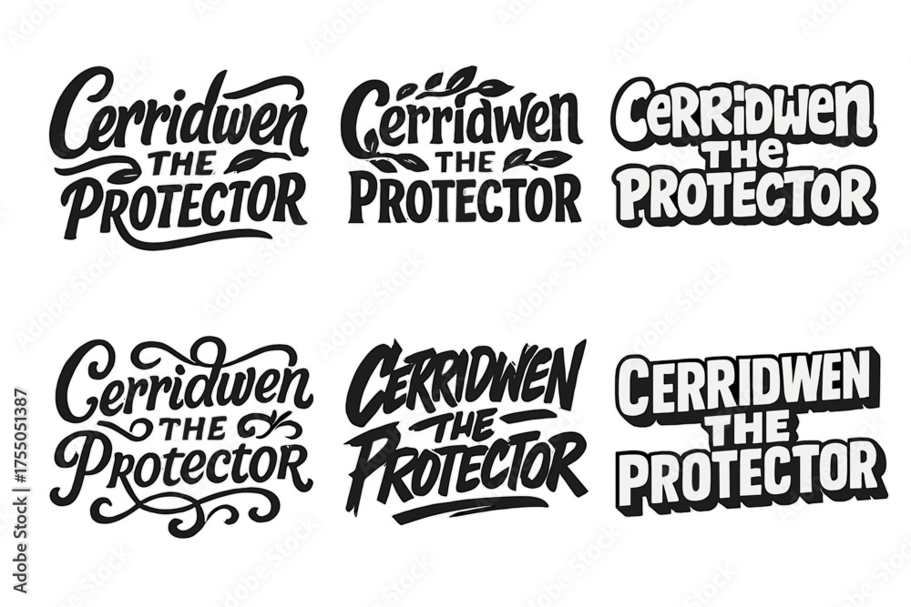 Fototapeta premium Cerridwen Lettering Variations. Cerridwen the Protector. Set lettering. harmonious lettering variations of the same emblematic concept (Bold hand-lettering