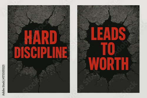 Brutalist Discipline Banners. Resilience. Two vertical A6 banners with safe margins, centered composition, no elements touching edges, brutalist style, black