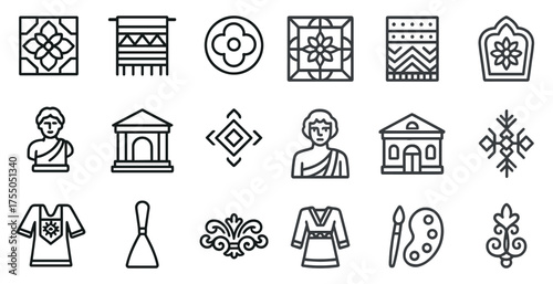 Cultural history outline icons set – linear, heritage, tradition symbols