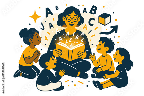Magical Library Gathering. Library story circle. Glowing librarian with open book as children gather around, letters floating in the air. Floating icons of