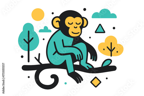Playful Geometric Monkey. Resting Monkey. Monkey sitting on abstract branch with floating geometric shapes, calm and playful forest atmosphere.