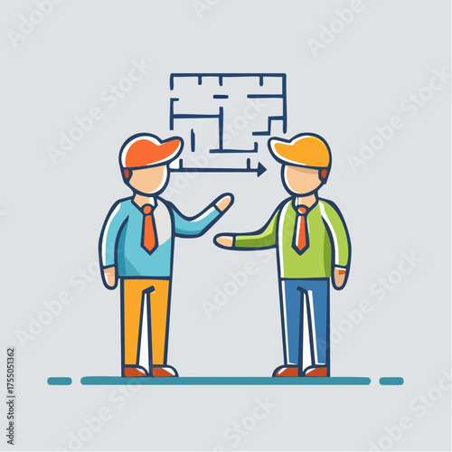 Two people discussing a complex maze, representing problem-solving and collaboration in business.