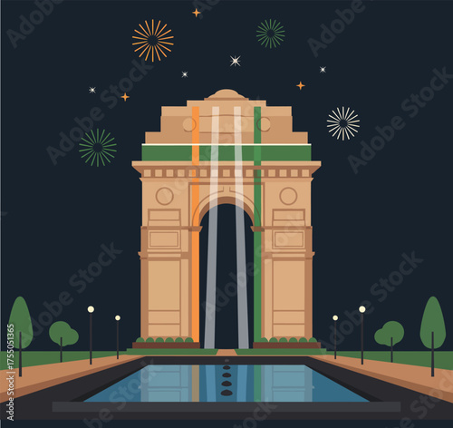 India Gate monument in New Delhi lit in tricolor for a national holiday. A patriotic celebration with fireworks at night for Independence Day or Republic Day.