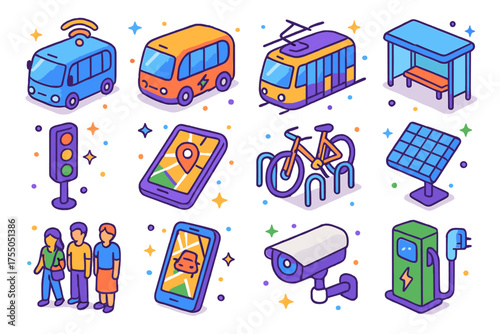 Colorful Transport Icons. Next Gen Transport. Colorful isometric vector icons set of next gen transport: self-driving bus, electric shuttle, autonomous tram,