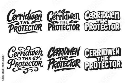 Cerridwen Lettering Variations. Cerridwen the Protector. Set lettering. harmonious lettering variations of the same emblematic concept (Bold hand-lettering