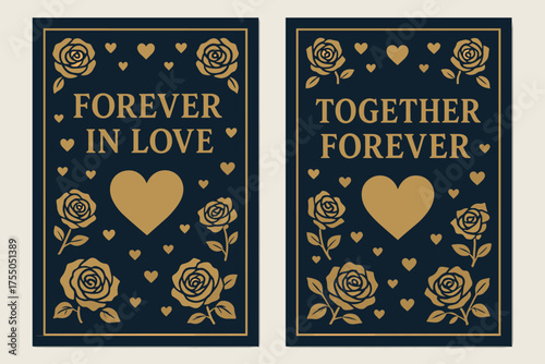 Forever in Love Banners. Forever in love. Two vertical A6 banners with safe margins, centered composition, no elements touching edges, bold, navy and gold,