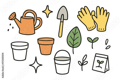 Colorful Gardening Doodles. Gardening Tools. Hand-drawn doodle illustration watering can (colored), spade (colored), gloves (colored), sparkle, star, pot, rare
