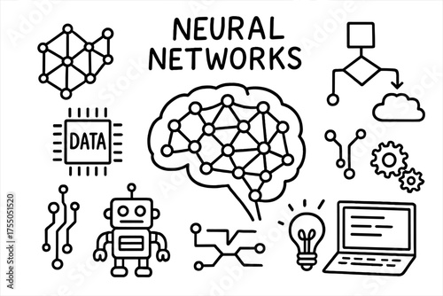 Neural Network Doodle. Neural Networks. Hand-drawn doodle illustration Neural Networks brain network data chip algorithm circuit robot computer cloud gears