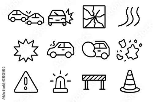 Vehicle Impact Icons. Vehicle impact. Line icon set of Vehicle impact: two cars, car crash, broken glass, skid marks, impact explosion, crumpled vehicle,