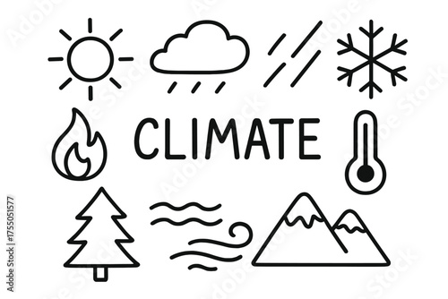 Climate Doodle Icons. Climate. Hand-drawn doodle illustration Climate sun cloud rain snowflake fire flame thermometer water wind tree mountain.