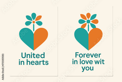 United Hearts Banners. United in hearts. Two vertical A6 banners with safe margins, centered composition, no elements touching edges, geometric, turquoise and