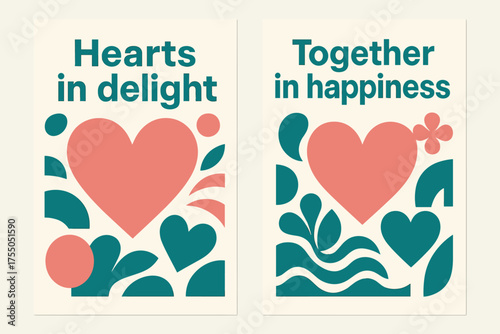Joyful Heart Banners. Hearts in delight. Two vertical A6 banners with safe margins, centered composition, no elements touching edges, bauhaus, pink and teal,
