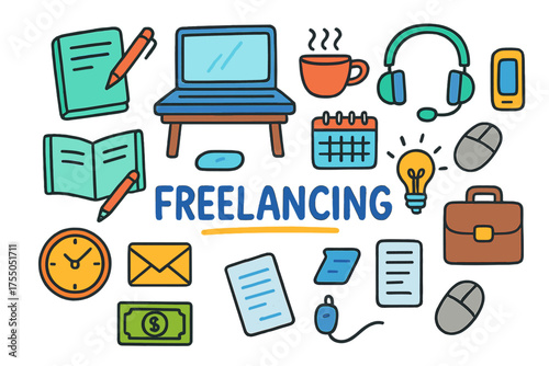 Freelance Essentials Doodle. Freelancing. Colorful Hand-drawn doodle Children illustration Freelancing laptop, notebook, coffee cup, pen, calendar, smartphone,
