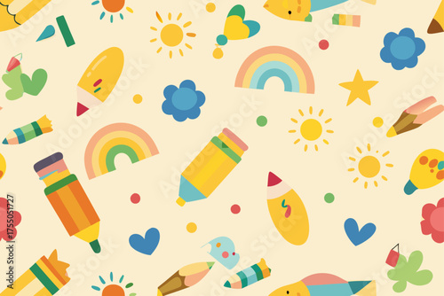 Seamless pattern of cute cartoon school supplies and colorful elements for children Keywords: pattern, seamless, cartoon, cute, children, kids