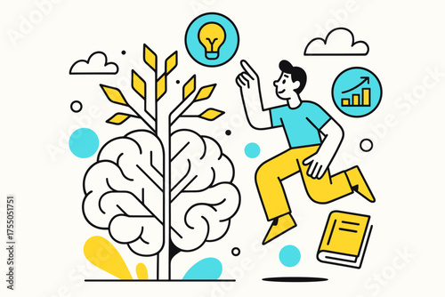 Mindset Growth Illustration. Growth mindset. Abstract brain with growing geometric branches, person interacting with floating icons of skills, books, and