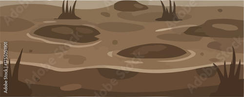 Muddy Puddle with Rocks and Grass on a Cloudy Day