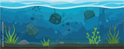 Underwater scene depicting a body of water with aquatic plants, rocks, and debris floating