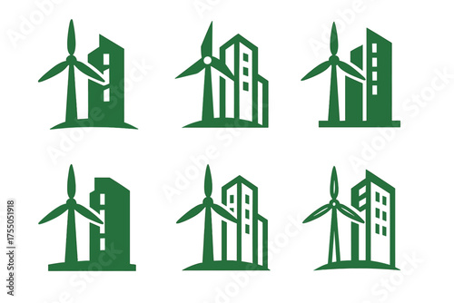Green Architecture Logo Variations. Green Architecture. Set Logo of Green Architecture: wind turbine beside building. harmonious logo variations of the same