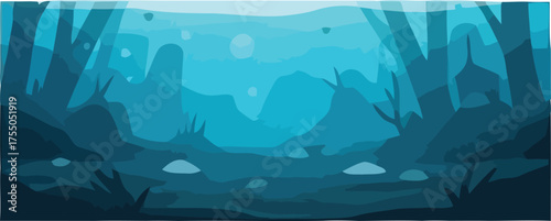 Captivating illustration of a vibrant underwater world, where sunlight gracefully penetrates the tranquil blue depths, illuminating a mysterious seascape with subtle marine flora