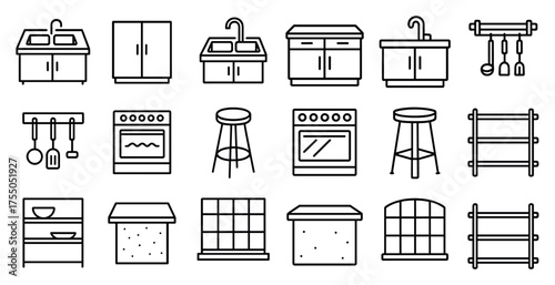 Kitchen and home outline icons set – sleek, modern appliances and cooking tools