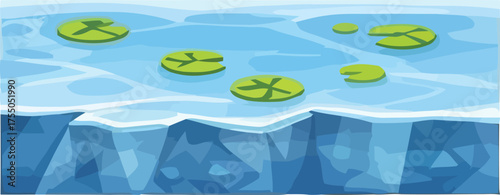 Serene Aquatic Scene with Floating Lily Pads Over a Submerged Ice Formation, Depicting a Calm Natural Environment Where Water Meets Frozen Depths