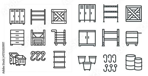 Warehouse storage outline icons set – linear, logistics and inventory management symbols