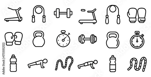 Fitness and exercise outline icons set – gym, workout, sports equipment symbols