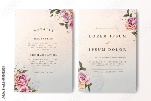 Romantic wedding invitation card design featuring soft pink and purple roses with delicate green leaves. Elegant text layout on a soft pastel watercolor background, perfect for weddings and VIP events