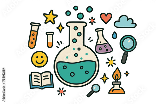 Colorful Science Doodle. Science Flask. Colorful Hand-drawn doodle Children illustration round flask, liquid, bubbles, test tube, beaker, star, heart, smiley