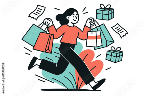 Energetic Shopping Spree. Weekend shopping spree. Shopper holding multiple shopping bags with floating receipts and gift boxes, abstract motion lines
