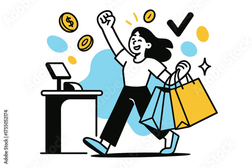 Joyful Shopping Success. Weekend shopping spree. Person checking out at a register, floating coins and abstract shapes showing satisfaction and achievement