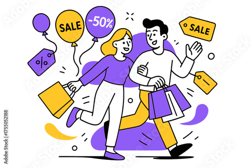 Vibrant Shopping Spree. Weekend shopping spree. Couple walking in a mall, floating balloons and abstract price tags around, cheerful interaction and vibrant