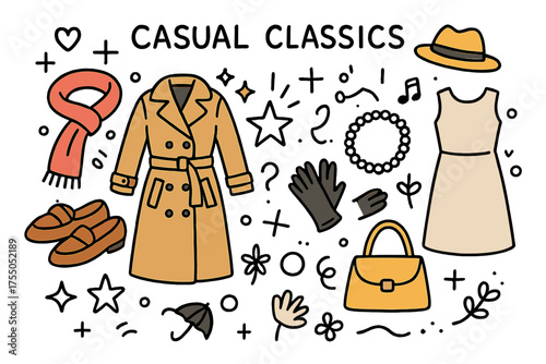 Stylish Trench Doodles. Casual Classics. Hand-drawn doodle illustration trench coat (colored), loafers (colored), scarf (colored), sparkle, star, handbag, hat