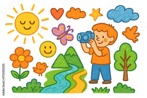 Golden Hour Doodle. Golden Hour. Colorful Hand-drawn doodle Children illustration sun, rays, person with camera, cloud, heart, star, smiley face, flower,