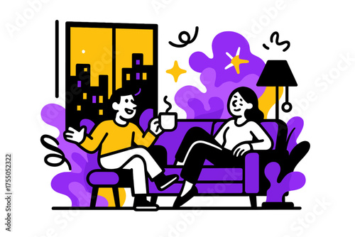 Glowing Lounge Serenity. Evening Ambience. A glowing lounge room with tall windows showing city lights, abstract spark and swirl icons symbolizing comfort.