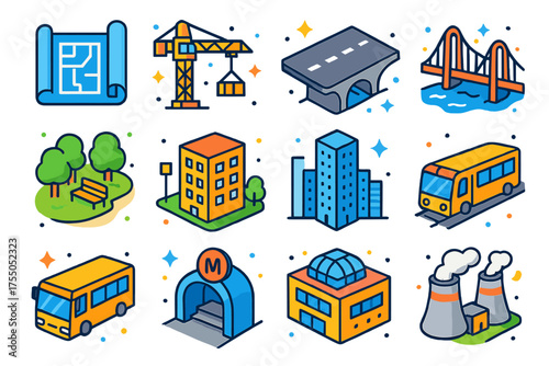 Isometric Urban Icons. Urban Planning. Colorful isometric vector icons set of urban planning: blueprint, crane, road, bridge, park, apartment block,