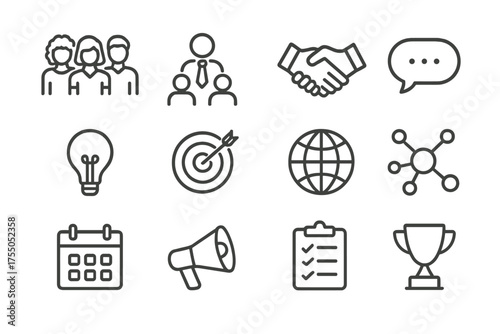 Diverse Leadership Icons. Diverse team leadership. Line icon set of Diverse team leadership: team of diverse people, leader figure, handshake, speech bubble,