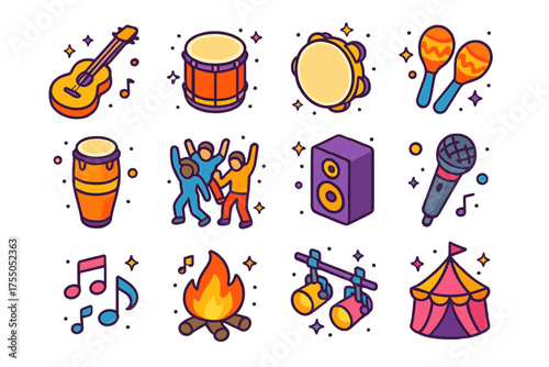 Music and Dance Icons. Music & Dance. Colorful isometric vector icons set of music & dance: guitar, drum, tambourine, maracas, conga drum, group of dancers,