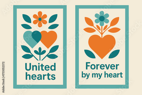United Hearts Banners. United hearts. Two vertical A6 banners with safe margins, centered composition, no elements touching edges, geometric, turquoise and
