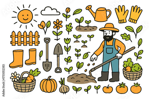 Gardening Tools Doodle. Hoe. Hand-drawn doodle illustration Hoe, farmer, soil, seeds, plants, garden bed, watering can, gloves, sun, clouds, wheelbarrow,