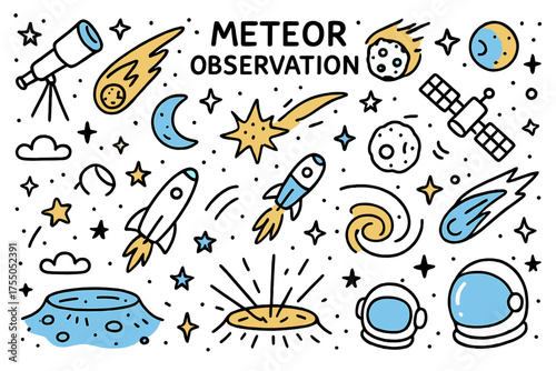 Cosmic Doodle Illustration. Meteor Observation. Hand-drawn doodle illustration Telescope, meteor, stars, night sky, moon, comet, orbit line, rocket, satellite,