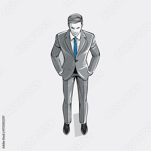 A top-down illustration of a man in a gray suit with his hands in his pockets, looking down.