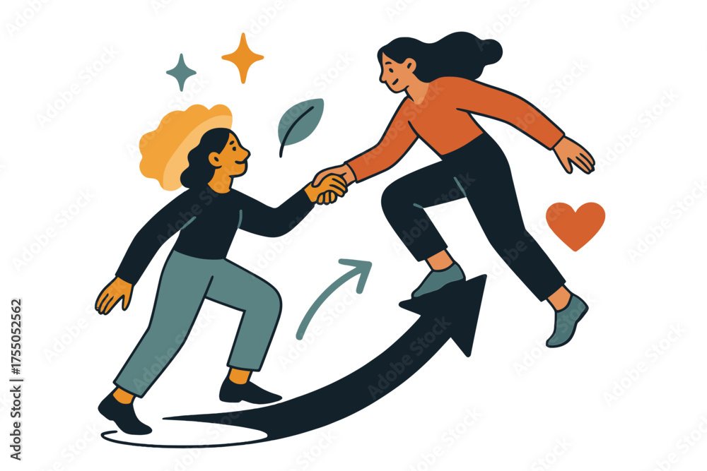 Obraz premium Guiding Growth Icons. Mentorship. Glowing woman guiding another woman upward with supportive hand. Floating icons of sparkle, heart, and leaf symbolizing