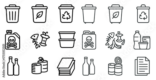 Recycling and waste management icons set – line, outline, sustainability symbols
